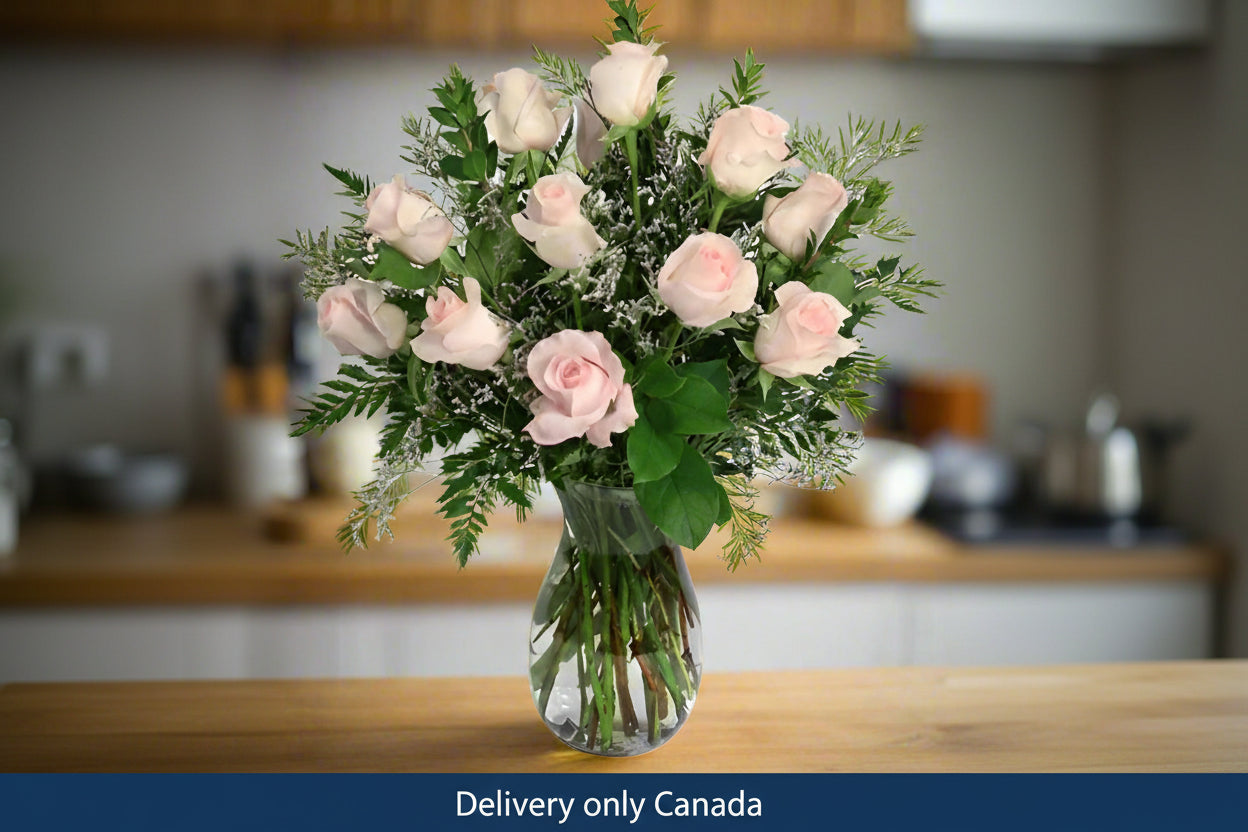 A vase with a bouquet of fresh pink roses and green foliage, placed on a table in a kitchen setting. Delivery Across Canada.