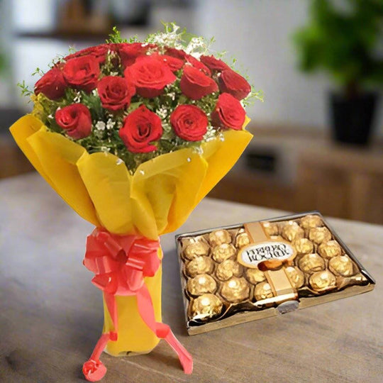 24pc Ferrero Rocher and Red Roses Bunch – India