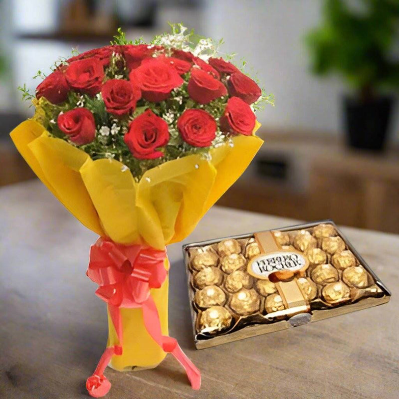 24pc Ferrero Rocher and Red Roses Bunch - India