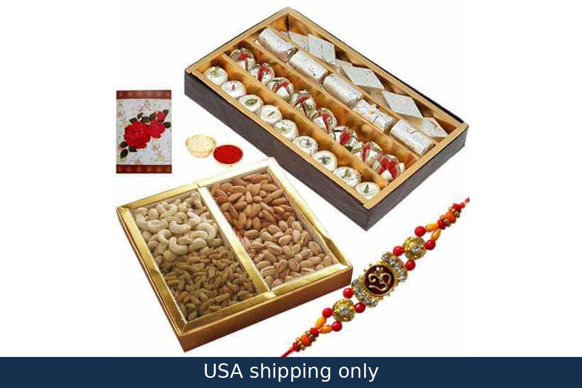 1 Rakhi with 500 Gms. Assorted Sweets n 500 Gms. Assorted Dry Fruits with Roli and Tika and a free message card – delivery in USA