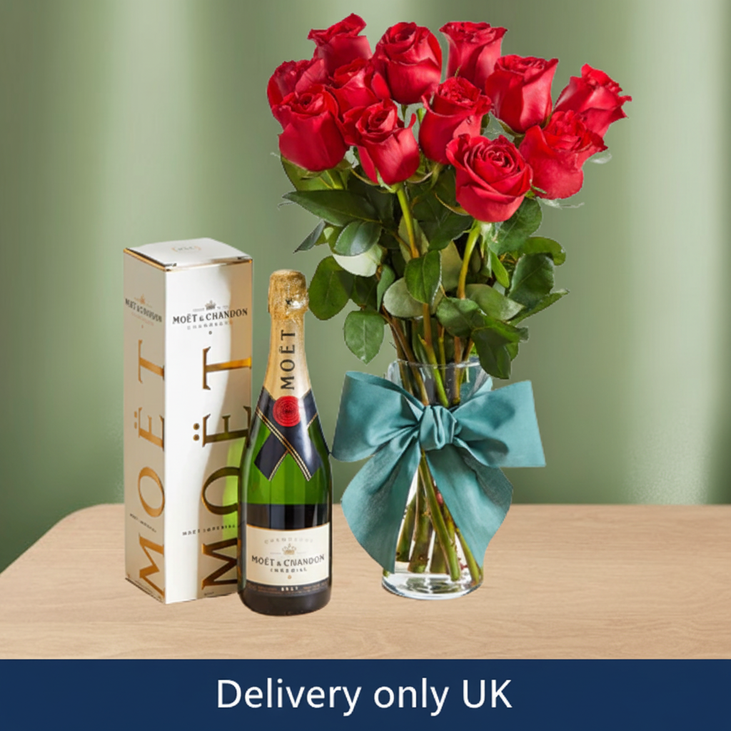 One Dozen Red Roses & Moët - UK Delivery