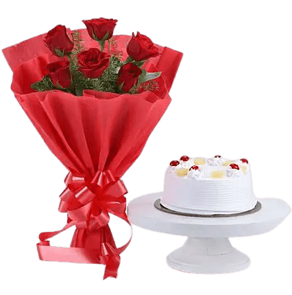 Pine apple cake 500 grams and  10 red roses bunch