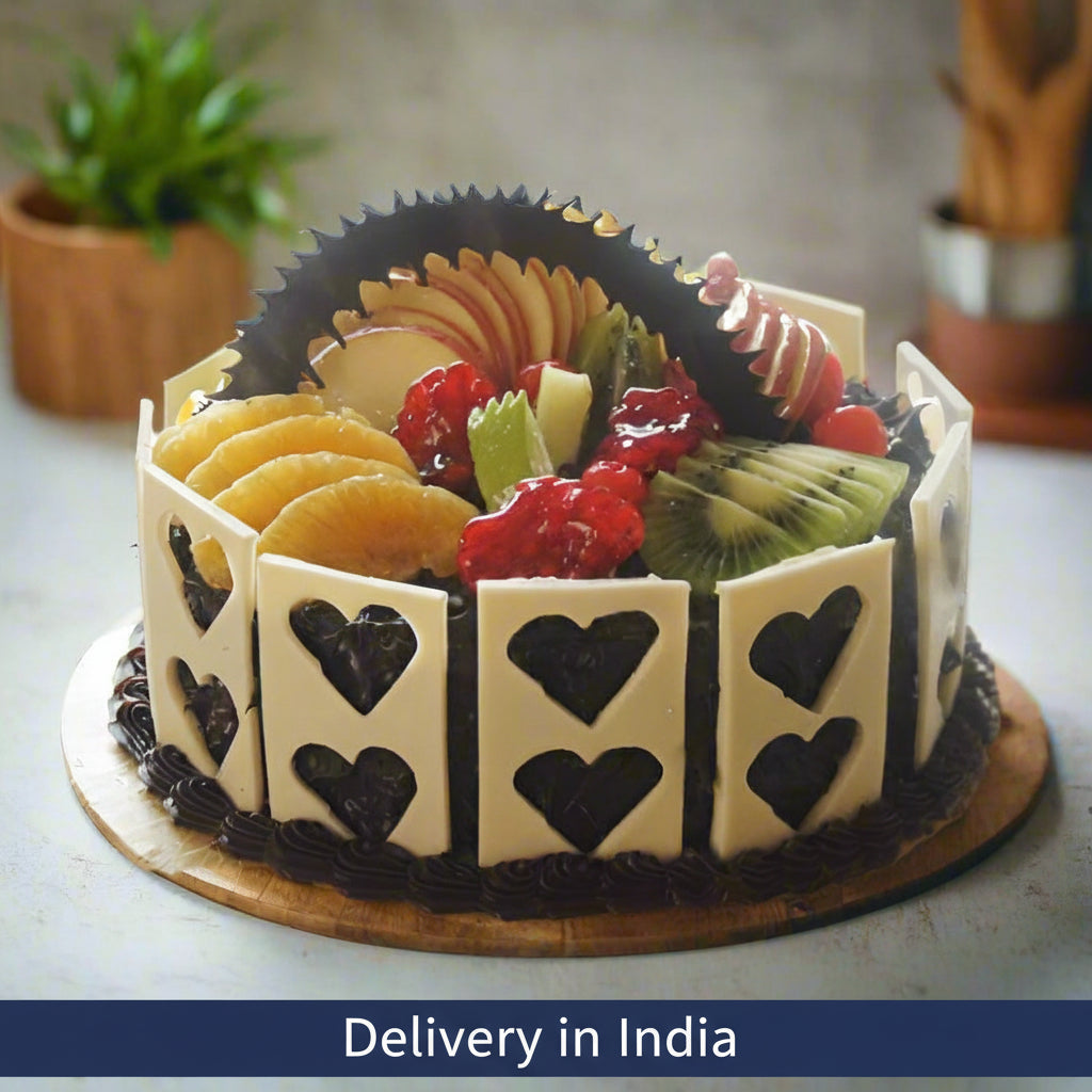 Chocolate Fruit Cake with Heart Panels — fruit topping and pale side panels decorated with dark hearts; India