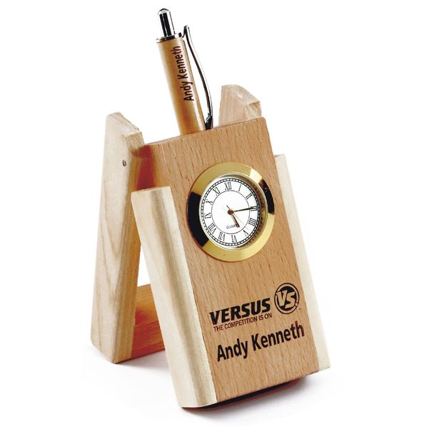 Wooden Pen Stand with Clock