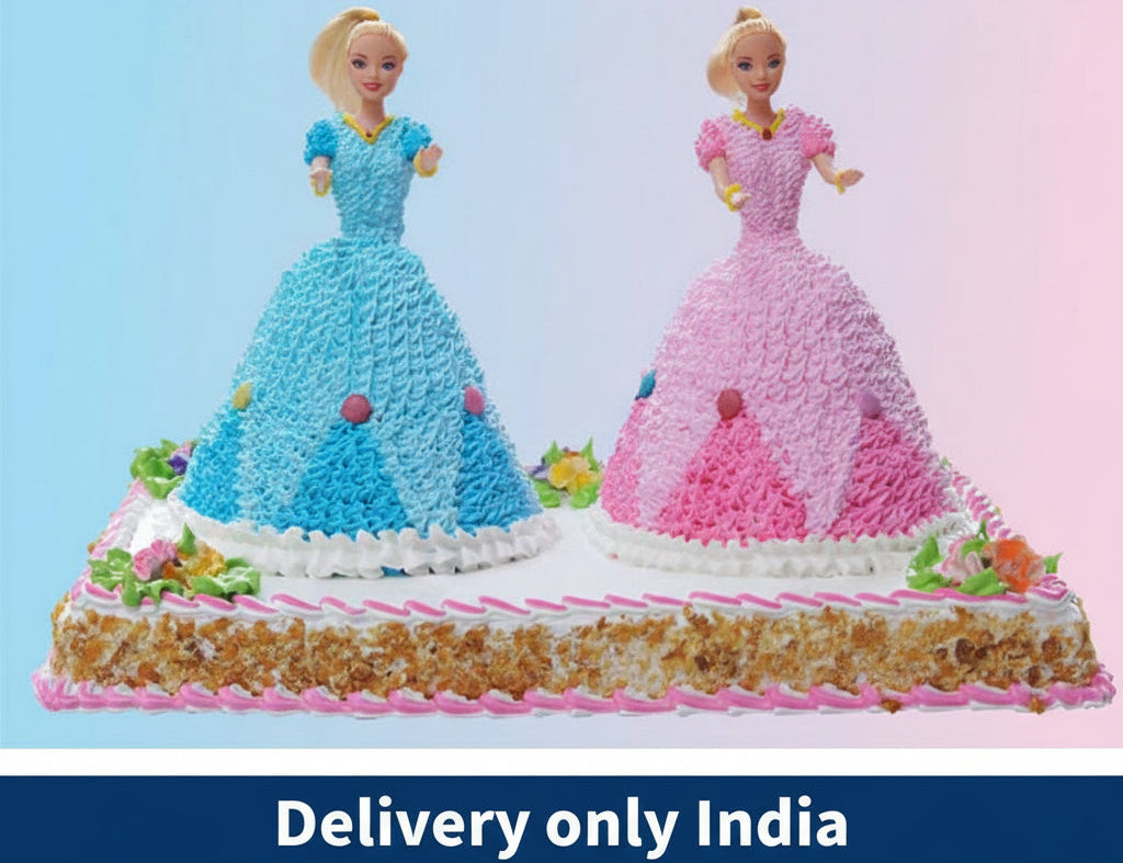 Twin Doll Celebration Cake — two doll figures with contrasting blue and pink skirt designs; India