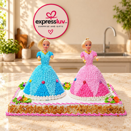 Twin Doll Celebration Cake, photographed on a sunlit marble counter — delivery in India