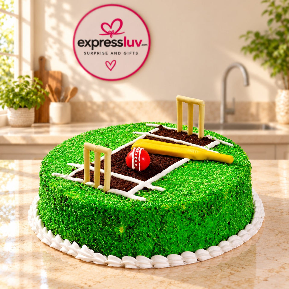 Cricket Theme Cake design, photographed on a sunlit marble counter — delivery in India