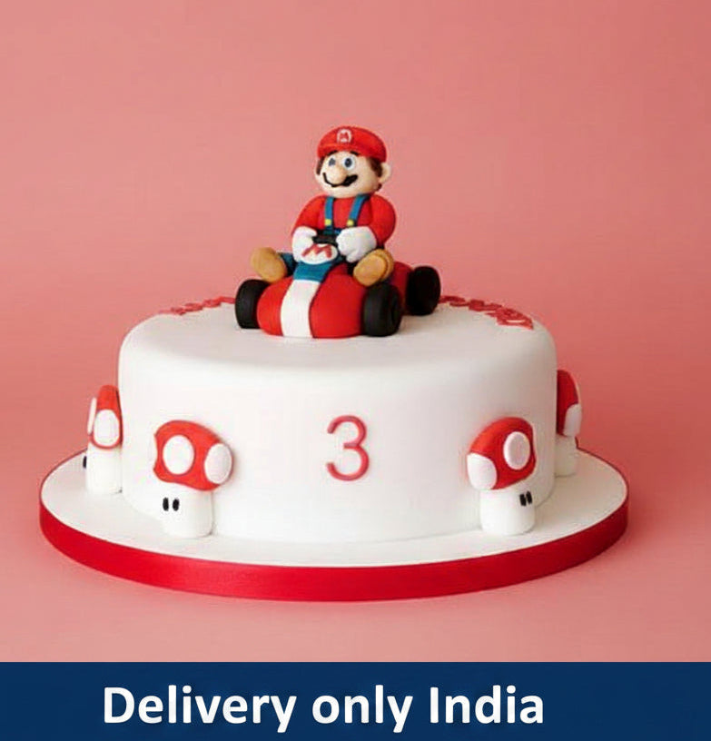 Mario Kart Birthday Cake — white-and-red Mario-themed finish and a character figure; India