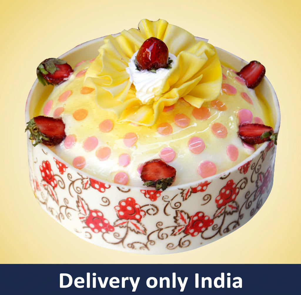Strawberry Delight Cake — pale patterned sides and strawberry-themed decoration; India