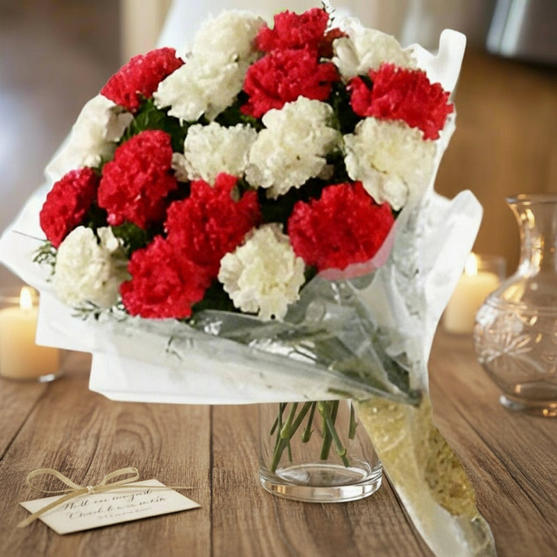 Send White Red Carnation Bunch Online to India