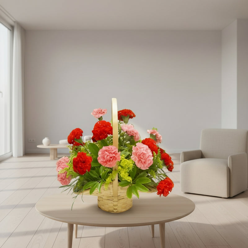 Red and Pink Carnations Basket