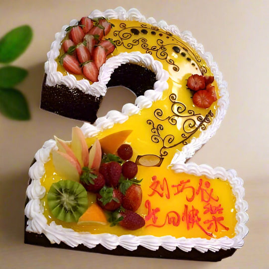 Fruit Number 2 Birthday Cake — a number 2 design decorated with fruit and cream; India