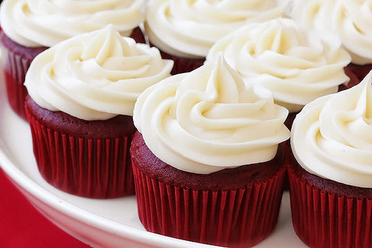 Red Velvet Cup Cake 15 Piece — red cake bases and pale cream swirls; India