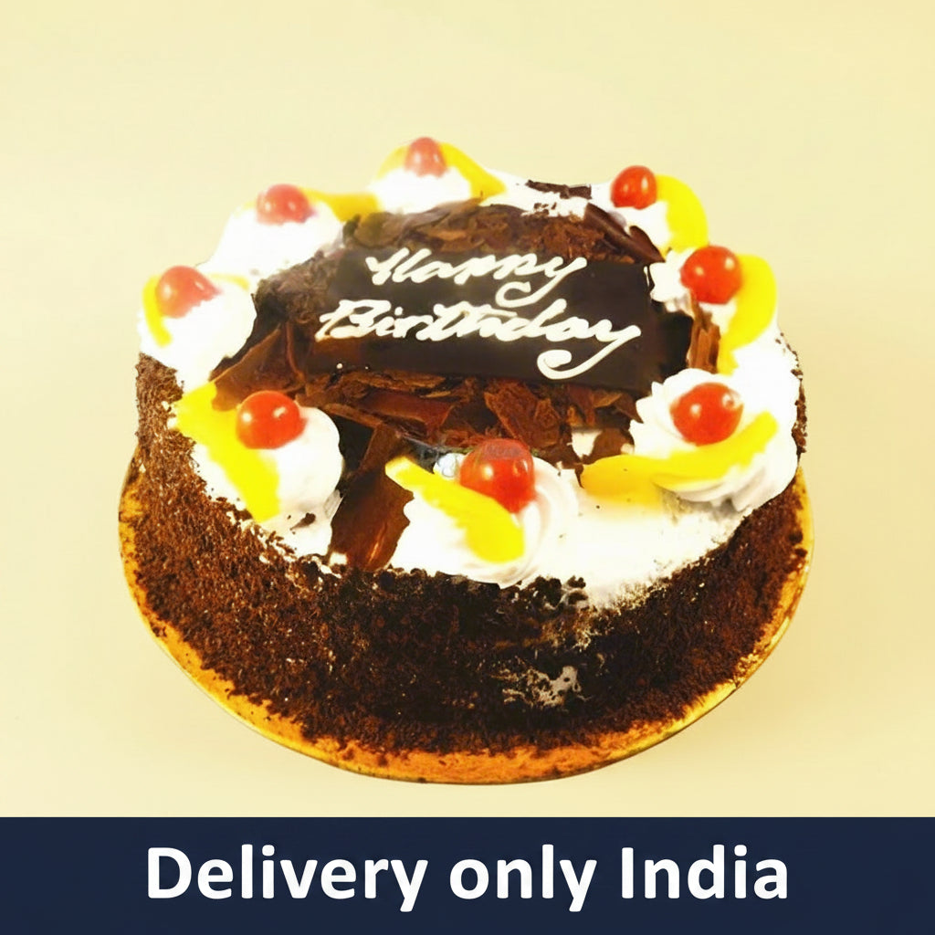 Fruit Topped Chocolate Vanilla Cake — chocolate-textured sides, white cream and colourful fruit accents; India