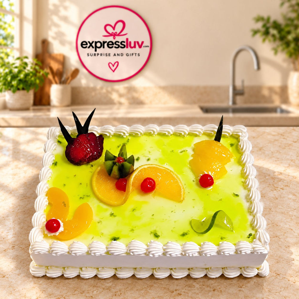 Rectangle Fruit Topped Butterscotch Cake – cake delivery in India
