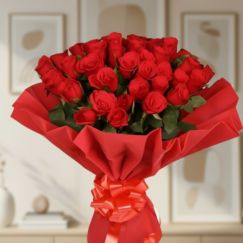 Red Roses Bunch with Paper Wrap
