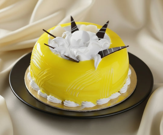 Yellow Cream Celebration Cake — yellow glaze, white rosette piping and thin linear decoration; India