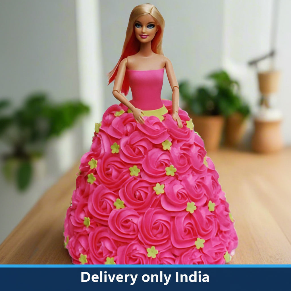 Pink Barbie Cake — pink rose-style skirt with small floral accents; India