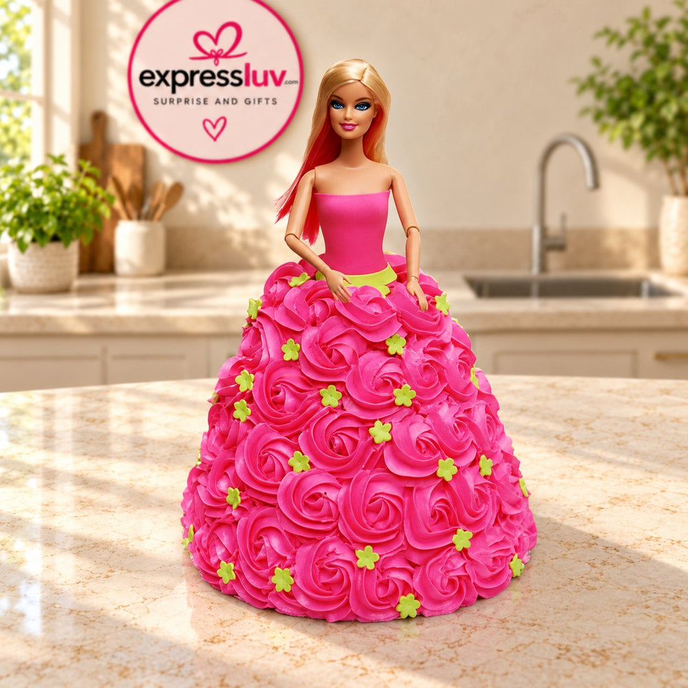 Pink Barbie Cake, photographed on a sunlit marble counter — delivery in India