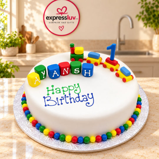 Pineapple Train Cake design, photographed on a sunlit marble counter — delivery in India