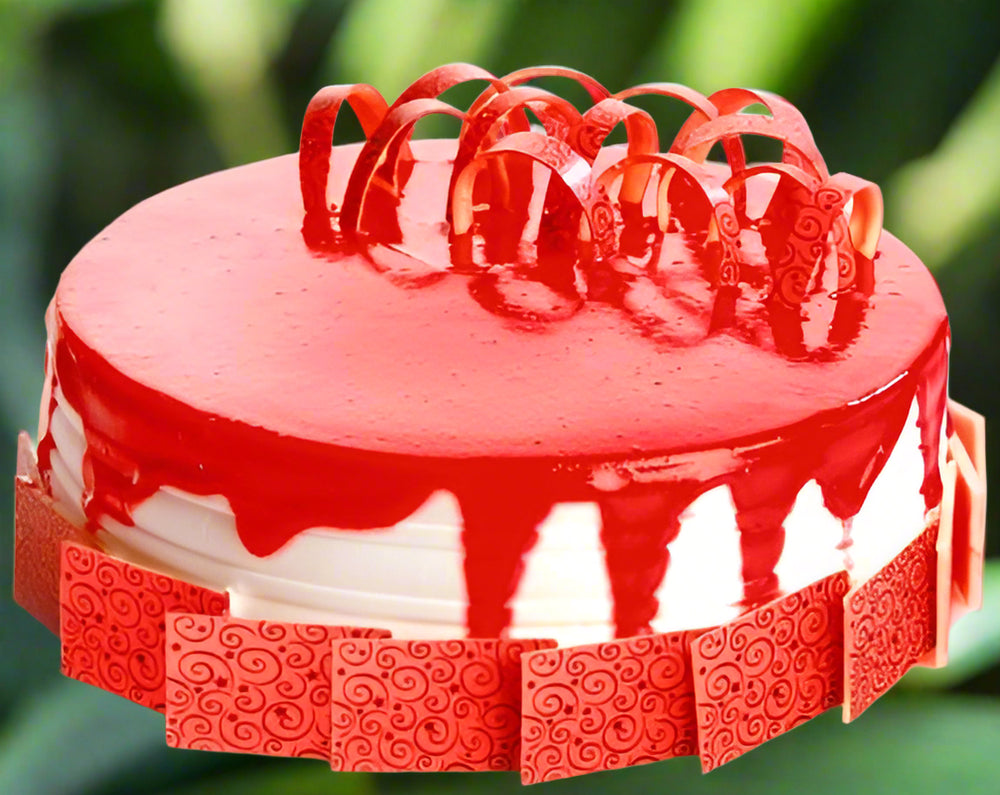 Red Jelly Cake — red drip glaze, curled topping pieces and red patterned panels; India