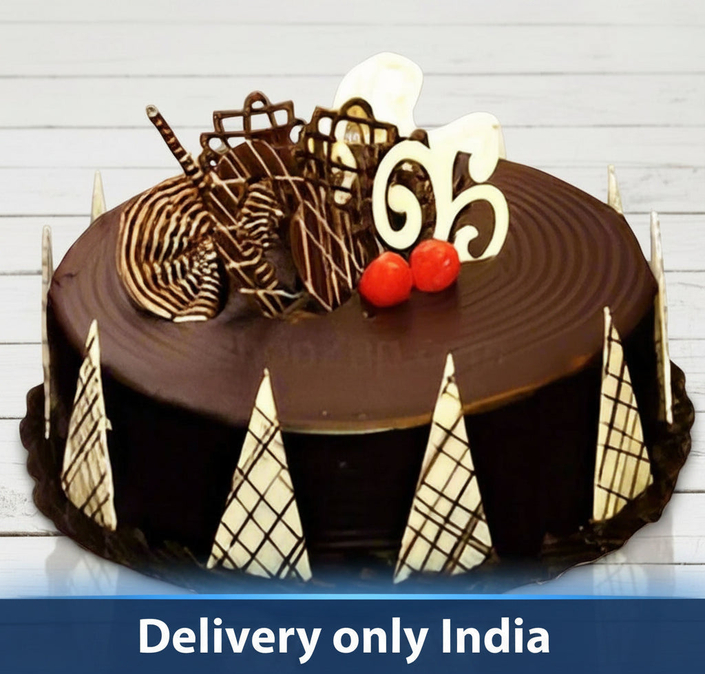Celebration Chocolate Cake — dark ridged top and pale triangular side panels; India