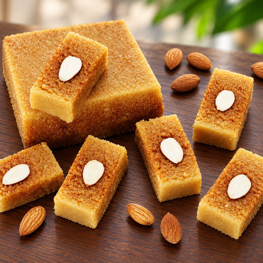Ajmeri Kalakand with almond garnish on a dark wooden table