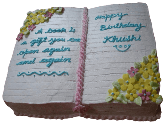 Open Notebook Birthday Cake — an open notebook design with floral corners and birthday lettering; India