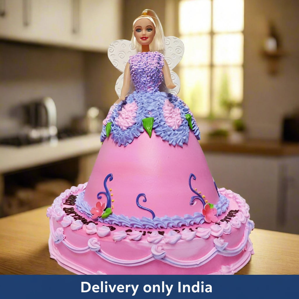 Barbie Fairy Cake — a pink fairy-style skirt with purple and floral detailing; India
