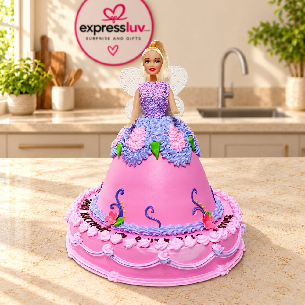 Barbie Fairy Cake, photographed on a sunlit marble counter — delivery in India