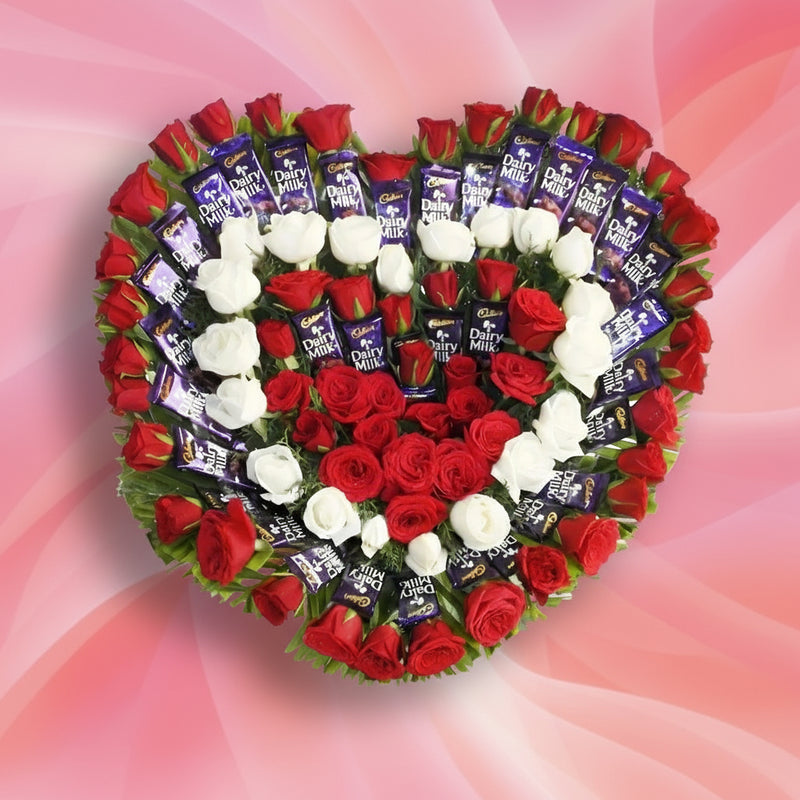 Heart-Shaped Bouquet with 40 Dairy Milk Bars & Roses