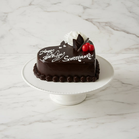 Happy Birthday Sweetheart Cake — dark chocolate-style finish, cherries and curled decorations; India