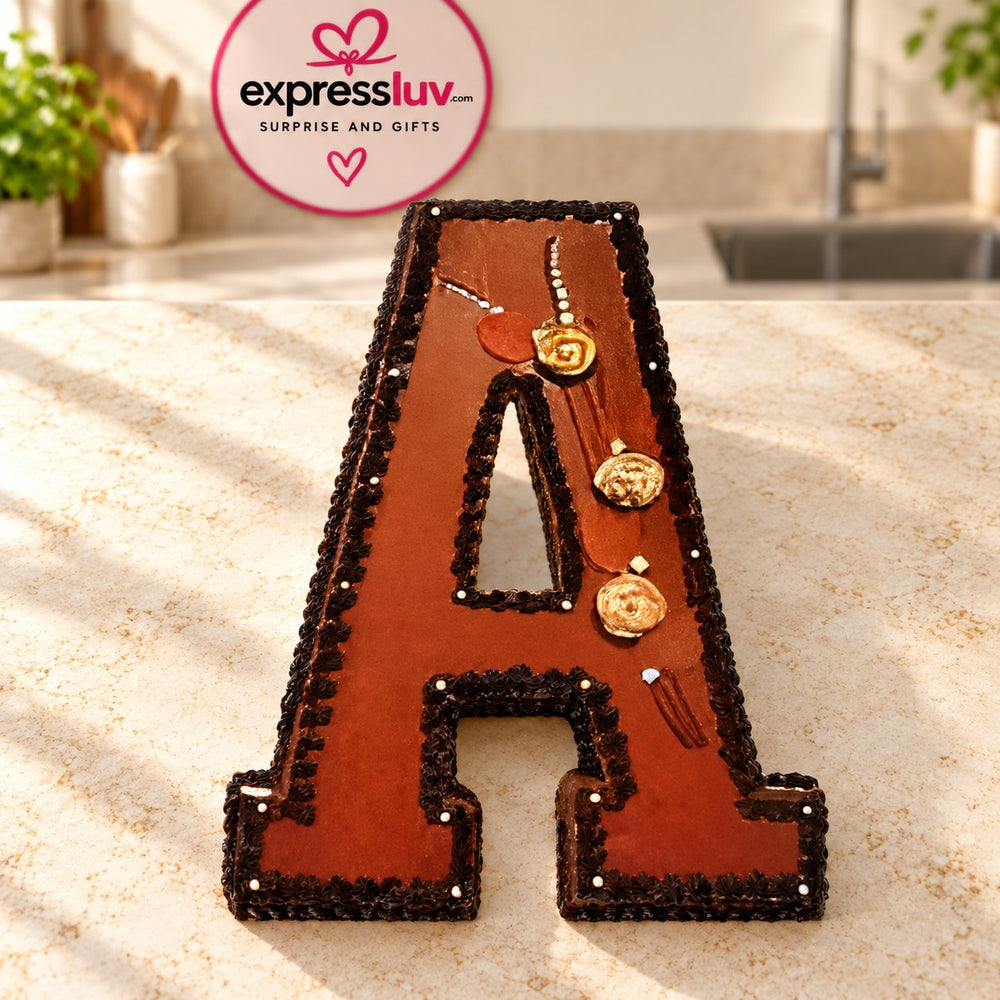 Letter 'A' Cake in Chocolate Flavour, photographed on a sunlit marble counter — delivery in India