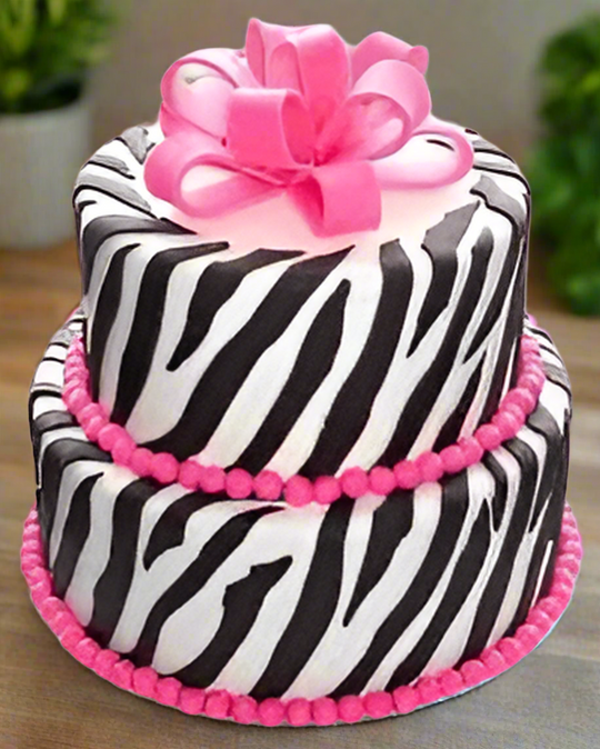 Butterscotch 2-Step Cake — black-and-white zebra stripes with a large pink bow; India