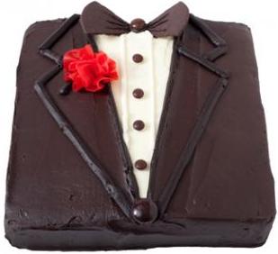 Cake for Him — a dark jacket-and-bow-tie design with a red floral accent; India