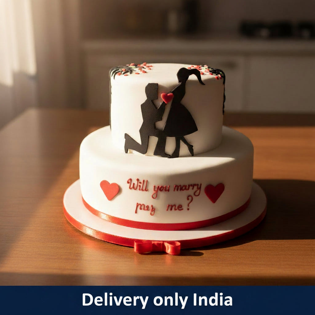 Step Proposal Cake — white proposal design with a couple silhouette; India