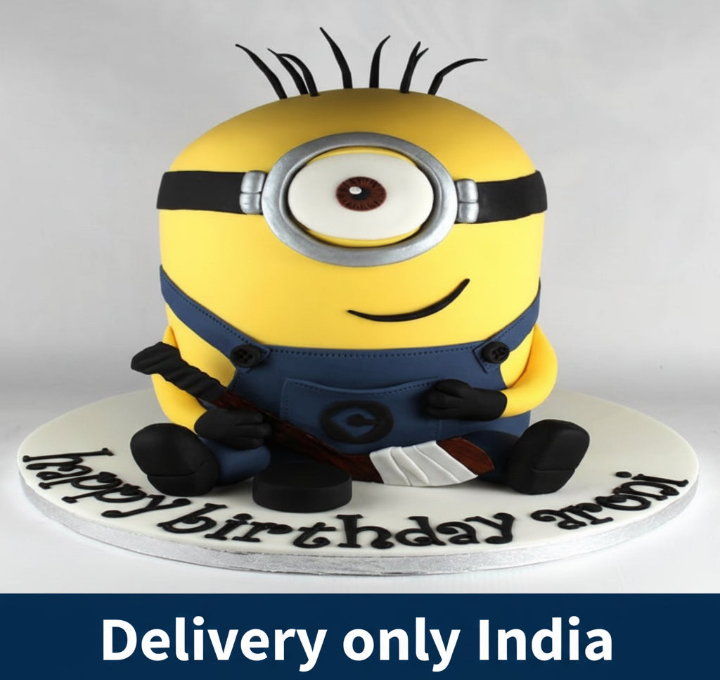Cute Minion Cake — a yellow-and-blue Minion figure with a single goggle; India