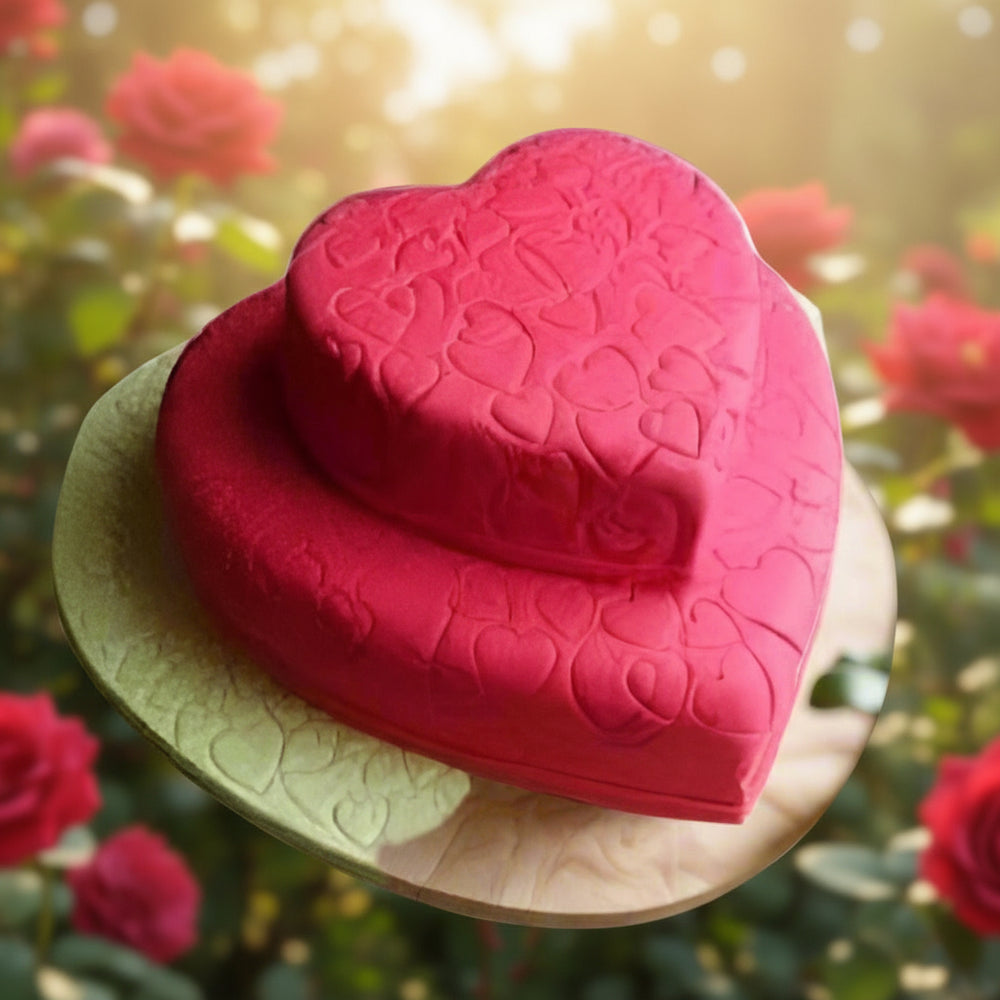 Heart & Heart Cake - 4 kgs — two red hearts with embossed heart motifs; India