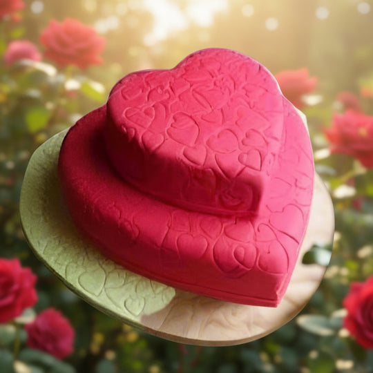Heart & Heart Cake - 4 kgs — two red hearts with embossed heart motifs; India