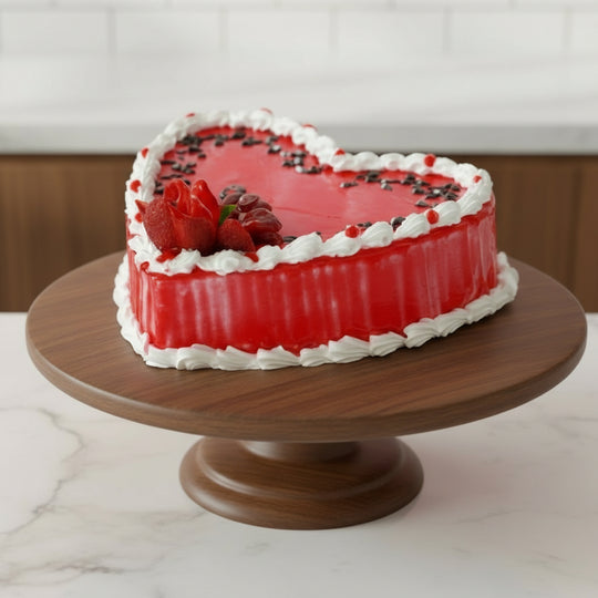 Heart Shaped Strawberry Cake — red ridged sides and a white cream border; India