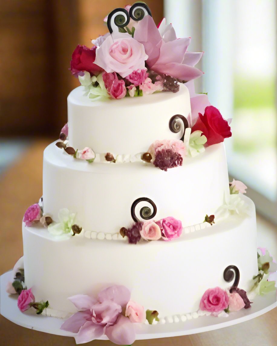 Vanilla Step Cake — white wedding finish with pink floral decoration; India