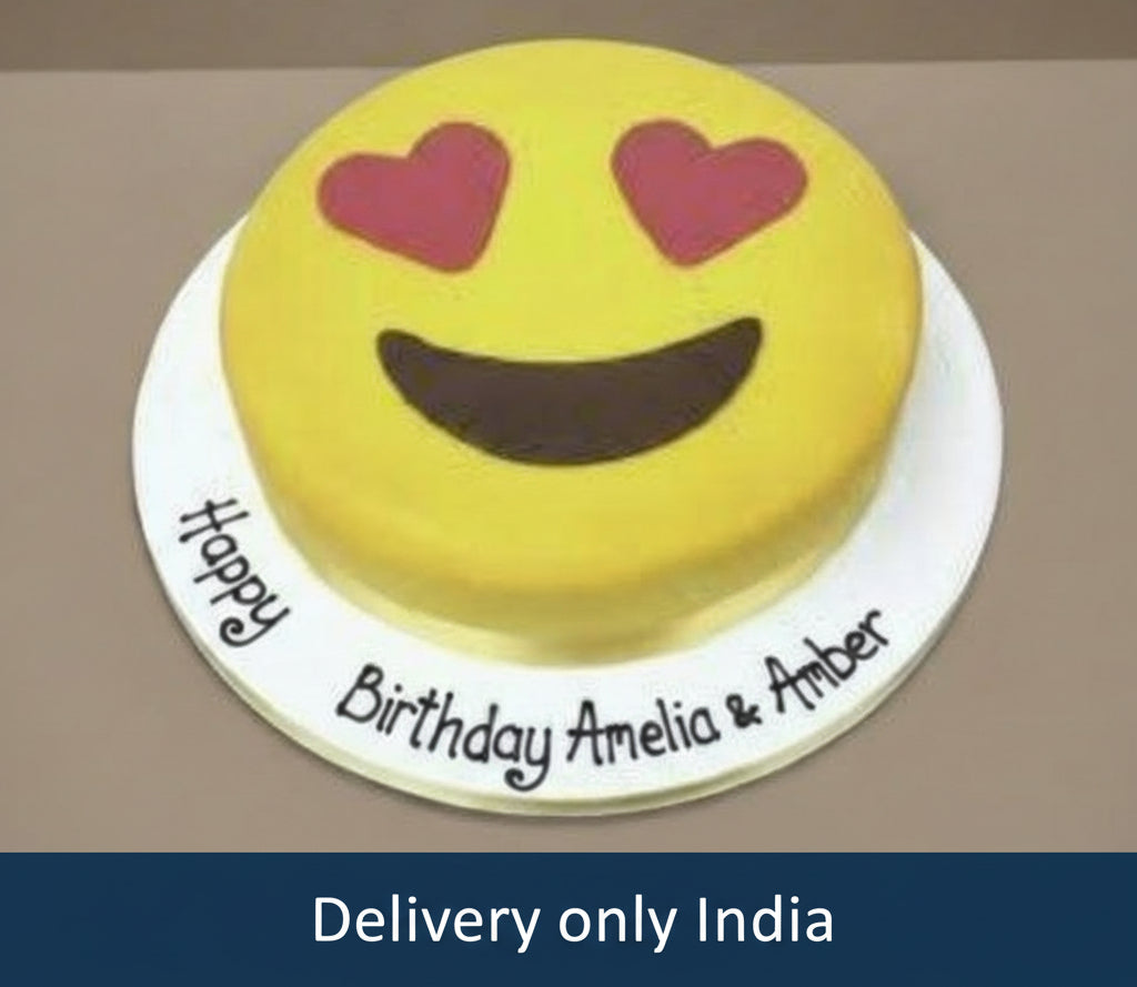 Celebration Heart Eyes Emoji Cake — yellow heart-eyes emoji face on a white base; India