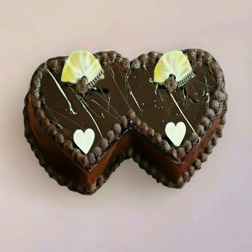 Twin Heart Chocolate Cake - 3 kg — two adjoining chocolate-coloured hearts with pale heart accents; India