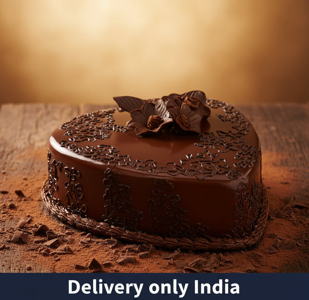 Heart-Shaped Chocolate Truffle Cake — dark smooth finish and chocolate-style curled topping; India
