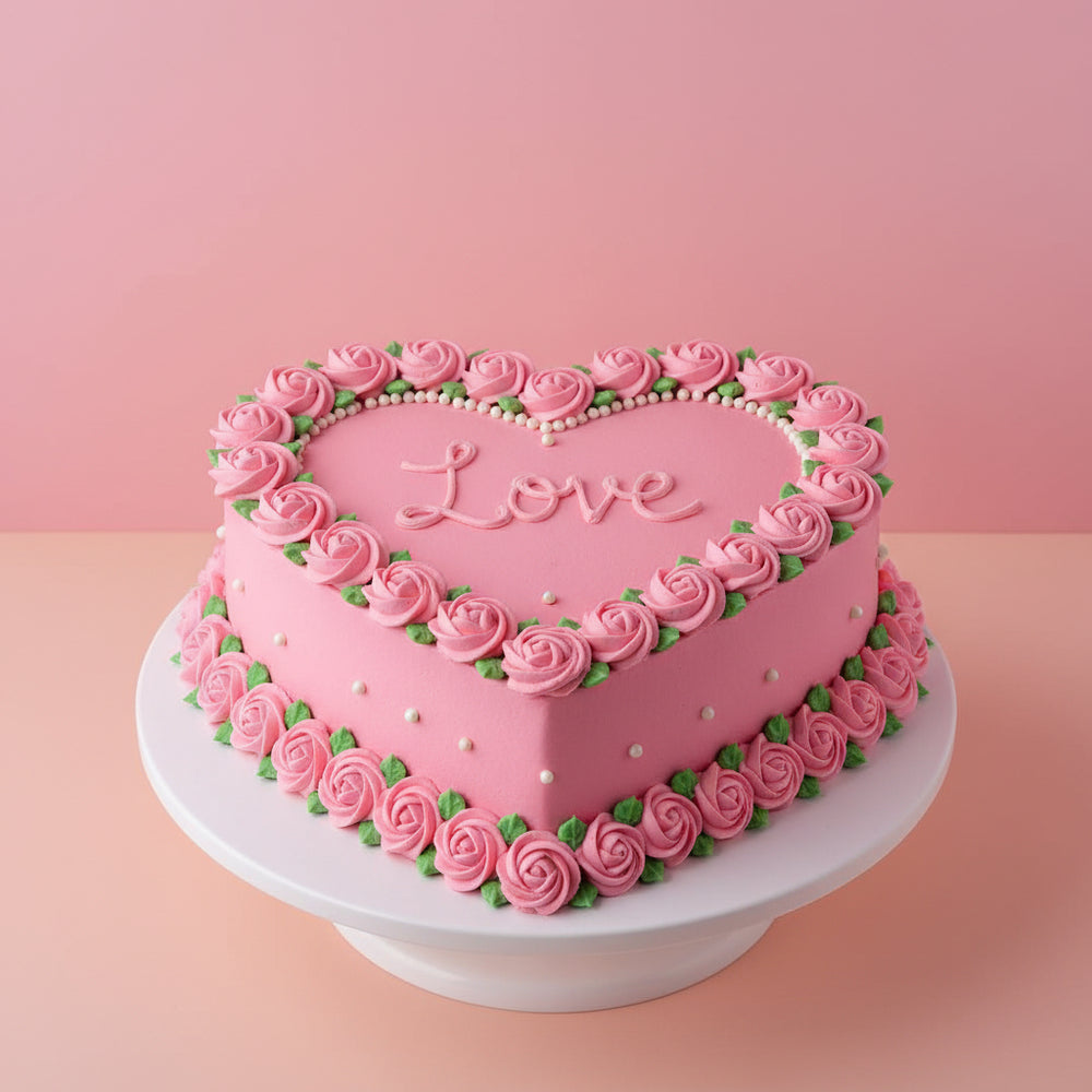 Heart-Shaped Strawberry Cake — pink finish and pink rose-style borders; India
