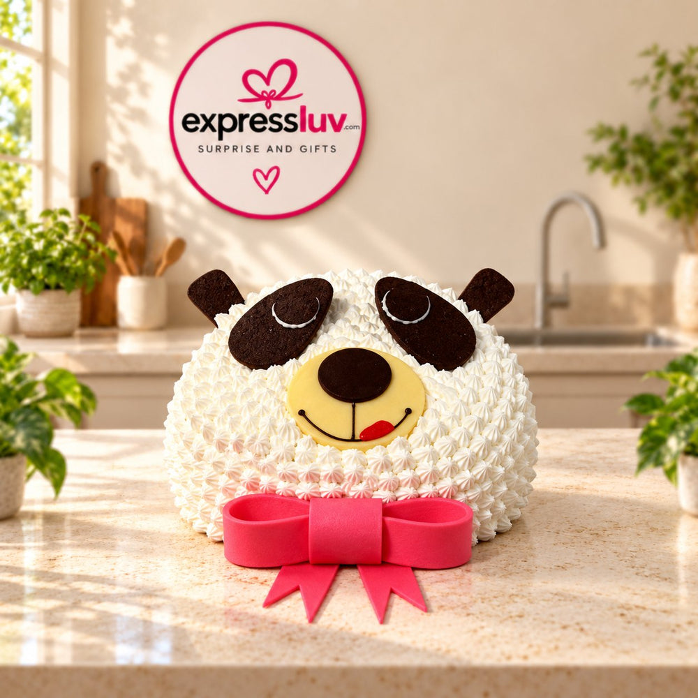 Panda Cake design, photographed on a sunlit marble counter — delivery in India