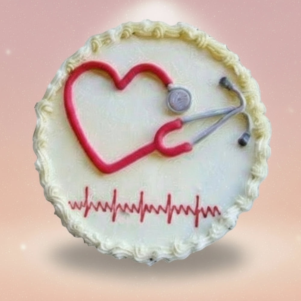 with Love Doctor Cake — stethoscope detailing, red heart outline and heartbeat motif; India