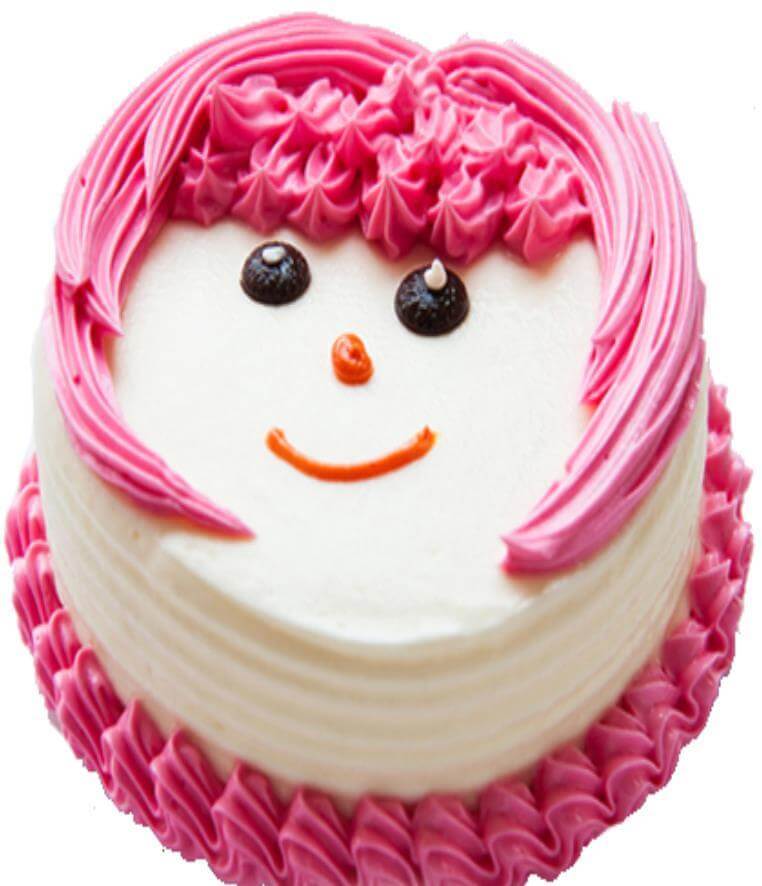 Girl Face Cake — a smiling girl face with pink hair-style piping; India