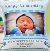 a beautiful pillow for birthday invitation for a special person with a custom image on the pillow of a child