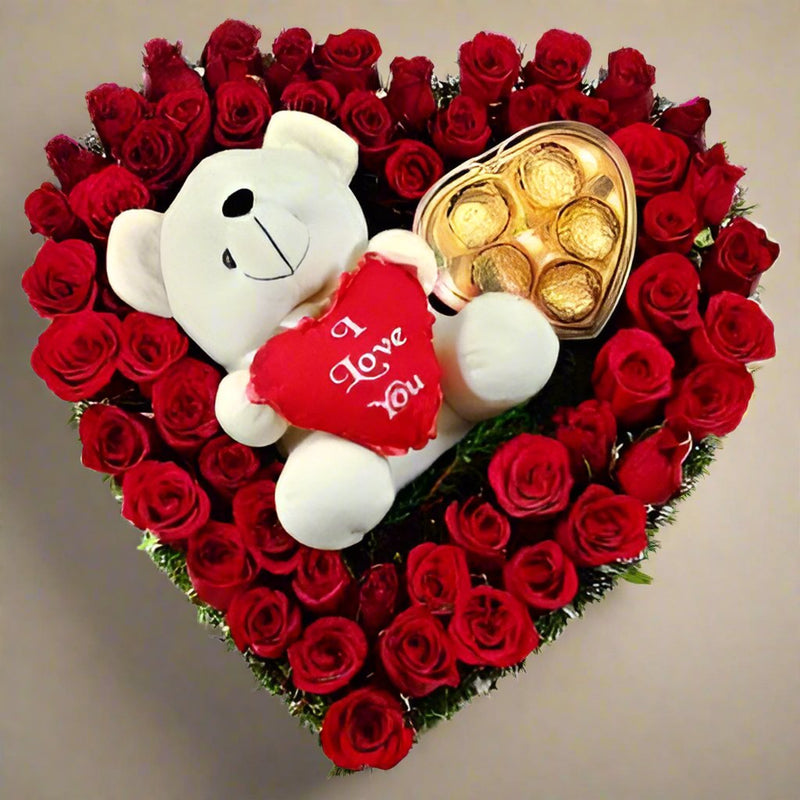 Heart Shape Roses Basket, Teddy and Choco box - India